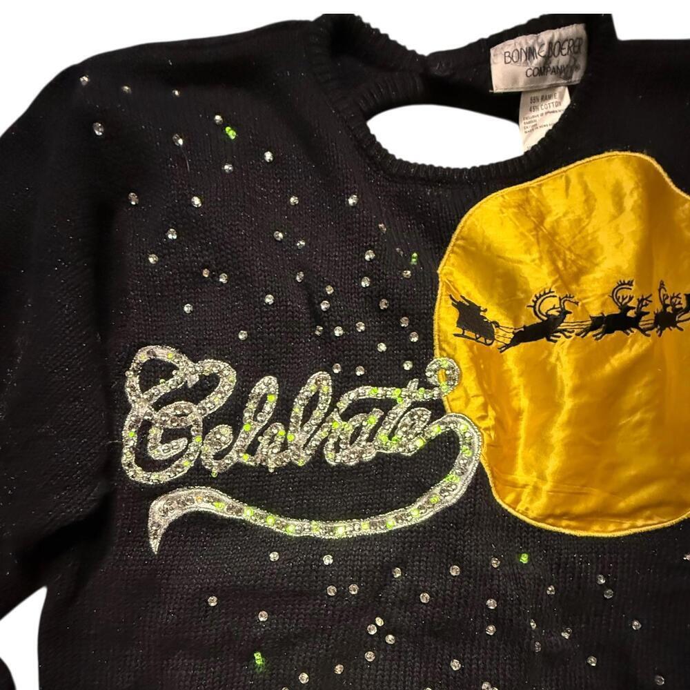 Bonnie Boerer 1980s Celebrate Santa Sleigh Light-Up Musical Sweater Black Small - Picture 3 of 6